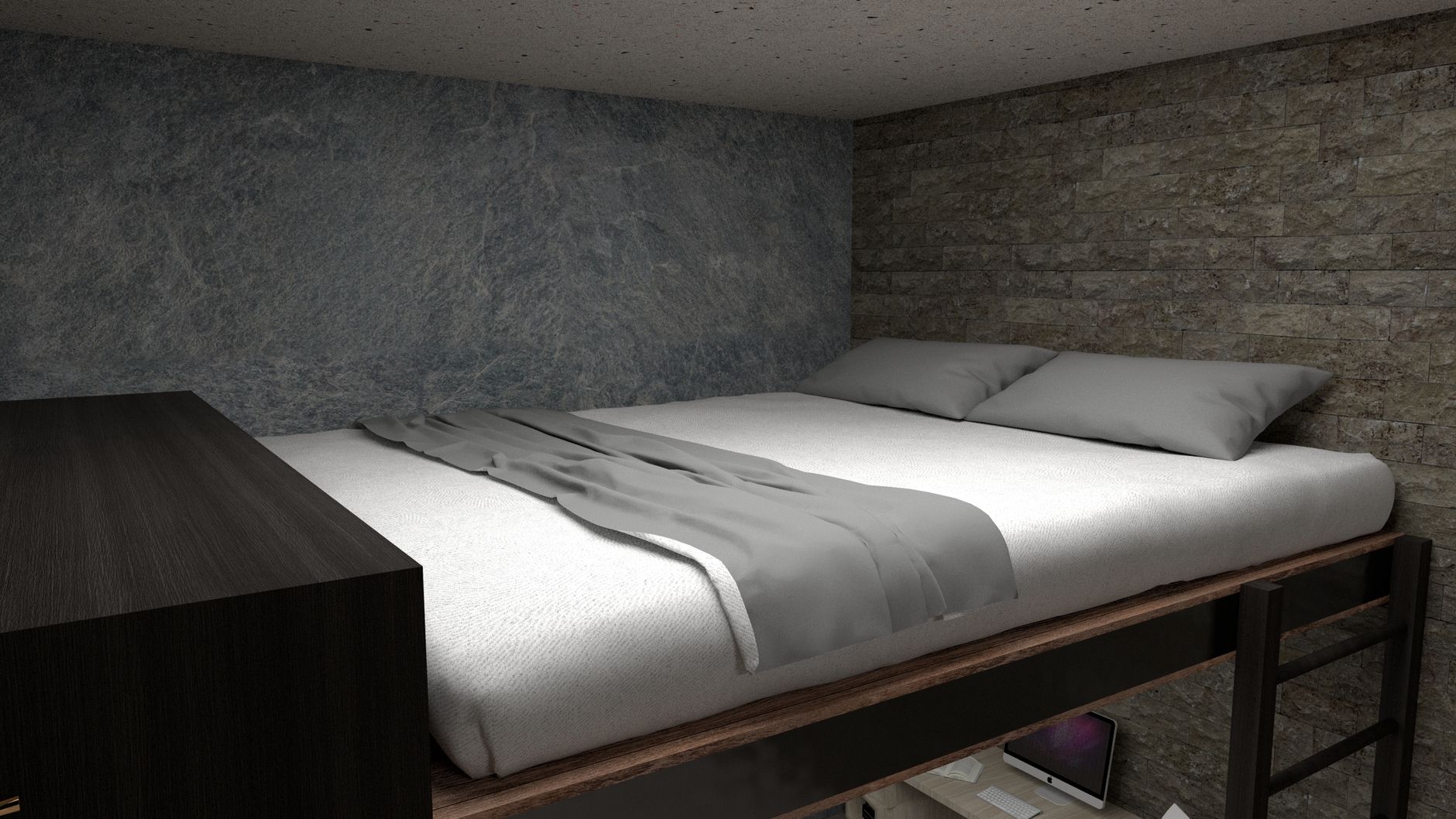 Wooden bed frame in a calm bedroom